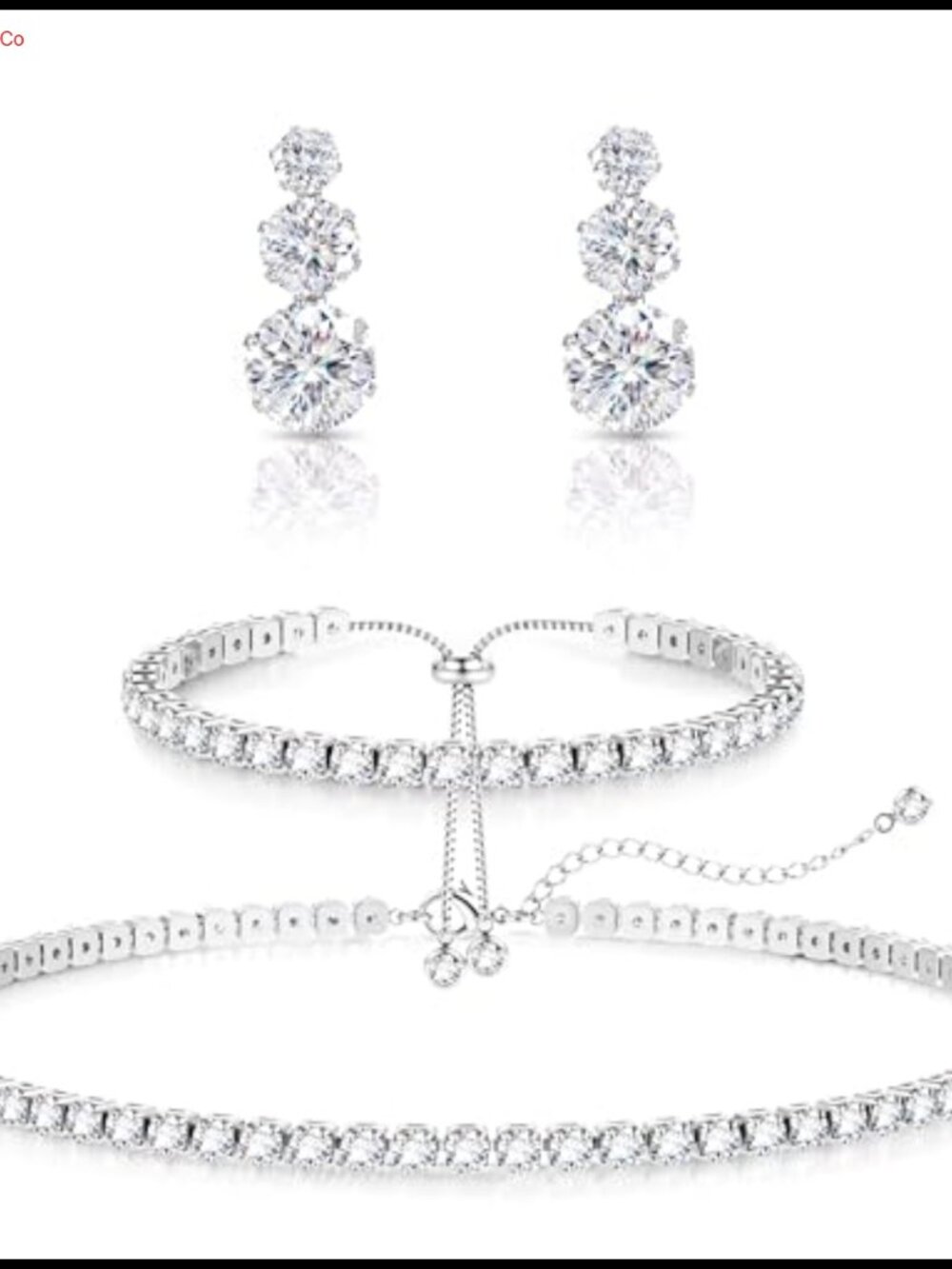 3-Piece Silver Jewelry Set Tennis Necklace Bracelet Dangle Earrings